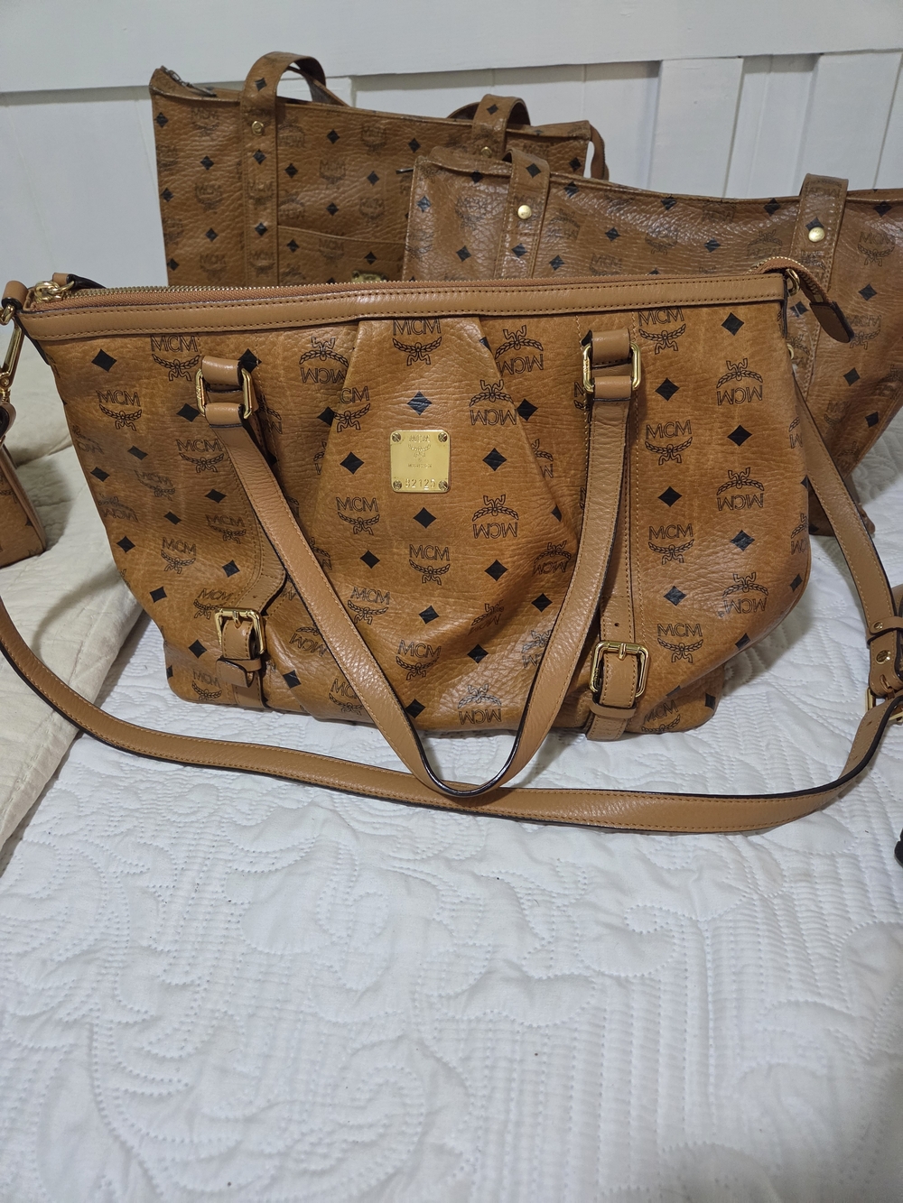 MCM Cognac Visetos Logo Shoulder Tote with Gold Hardware